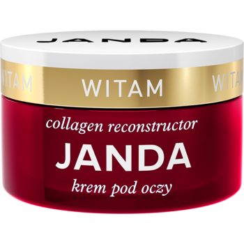 Czerwony słoiczek Janda Collagen Reconstructor kremu pod oczy z białym wieczkiem i złotym paskiem, widok z przodu.