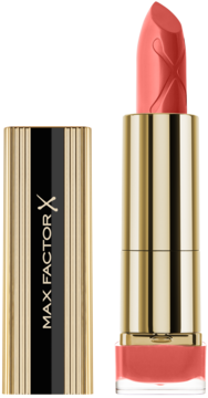 Nawilżająca pomadka Max Factor Colour Elixir Pink Brandy, otwarta, złoto-czarne opakowanie, sztyft z logo.