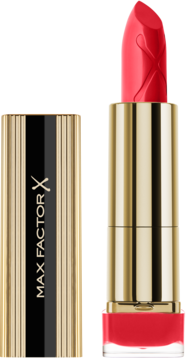Czerwona pomadka Max Factor Colour Elixir Cherry Kiss w złotej tubie z czarno-złotą zakrętką, zbliżenie.