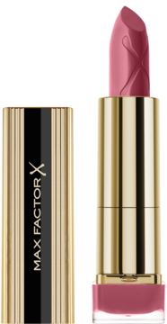 Otwarta pomadka Max Factor Colour Elixir Rosewood, różowy sztyft z logo, złote opakowanie, obok nakładka.