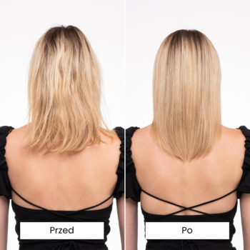 Włosy blond kobiety od tyłu: po lewej skołtuniowe i suche "przed", po prawej gładkie, rozczesane "po" użyciu szczotki.