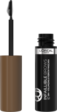 L'Oréal Infaillible Brows Mascara: otwarta brązowa tubka ze szczoteczką i czarna zamknięta tubka, widok z przodu.