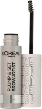 Otwarty transparentny tusz do brwi L'Oréal Paris Plump & Set Brow Artist w metalicznej szarej tubie z widocznym aplikatorem ze szczoteczką.