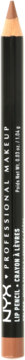 NYX Slim Lip Pencil w odcieniu brzoskwiniowym, czarny korpus z białymi napisami, widok pionowy.