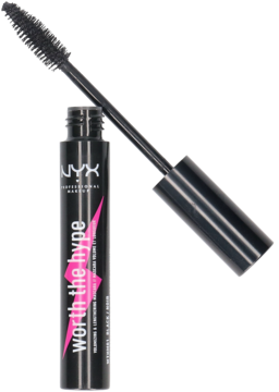 NYX Worth The Hype Mascara, czarna tuba z różową błyskawicą, otwarta z wysuniętą czarną szczoteczką.