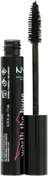 Czarny tusz NYX Worth The Hype Waterproof, otwarta tuba z różowym wzorem, wyjęta czarna szczoteczka.