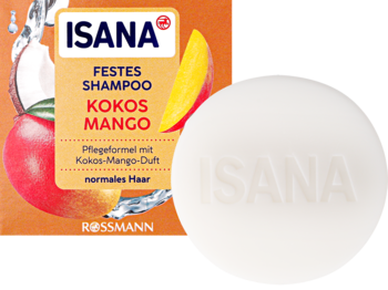 Isana szampon w kostce Kokos Mango, biały, okrągły z tłoczonym logo, na tle pomarańczowego opakowania.