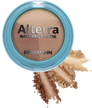 Potrójny cień Alterra Trio Cacao Sensation w niebieskim okrągłym opakowaniu. Trzy cienie beż-brąz, obok rozsypany puder.