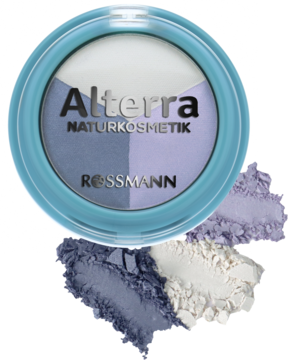 Alterra Trio cień do powiek Blue Water w niebieskiej paletce, z trzema odcieniami: białym, fioletowym, niebieskim.