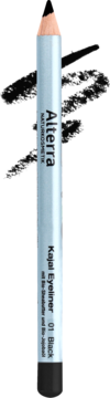 Alterra Kajal Eyeliner 01 Black, czarna kredka do oczu, jasnoniebieski korpus, widok z przodu, z czytelnym logo Alterra.