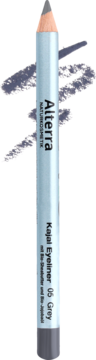 Pionowa kredka Alterra Kajal Eyeliner 05 Grey z widoczną końcówką i szarą próbką koloru.