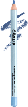 Alterra Kajal Eyeliner 08 Ice, niebieska kredka do oczu z organicznym jojoba, pionowo, ze smugą koloru.