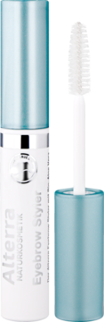 Alterra Eyebrow Styler, biała tubka z błękitną nakrętką i wyjętą białą szczoteczką.