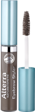 Alterra Eyebrow Styler 02, otwarty, brązowy tusz do brwi z niebieską metaliczną nakrętką i aplikatorem.