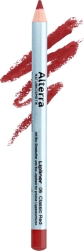 Alterra Lipliner 06 Classic Red, wegańska konturówka do ust z bio-masłem shea, pionowe ujęcie z próbkami.