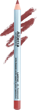 Alterra Lipliner 05 Rosewood, pionowy ołówek do ust w odcieniu różanego drewna, ze swatchami koloru na jasnoróżowym tle.