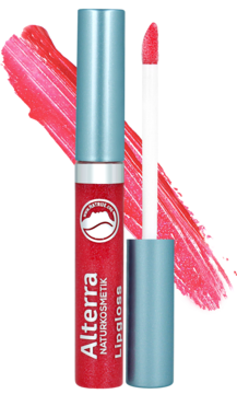 Alterra Lipgloss Raspberry, pielęgnujący, w transparentnej tubce. Otwarty, z aplikatorem obok. Czerwony, błyszczący.