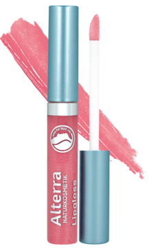 Alterra Lipgloss Soft Red, różowy błyszczyk z aplikatorem, obok próbka koloru na tle w tym samym odcieniu.