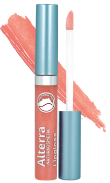 Alterra Lipgloss Charming, koralowy, otwarty z aplikatorem. Widoczny połysk i delikatne drobinki na tle smug.