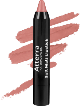 Alterra Soft Matt Lipstick Terra Matt, czarna kredka z odżywczym, matowym różowym beżem i swatchami w tle.