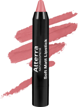 Alterra Soft Matt Lipstick Vintage Pink. Czarna kredka z różową końcówką i matowymi swatchami koloru.