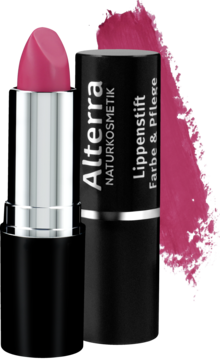 Matowa pomadka Alterra Dusty Pink w czarnym sztyfcie, częściowo wysunięta. Z boku smuga koloru. Logo Alterra.