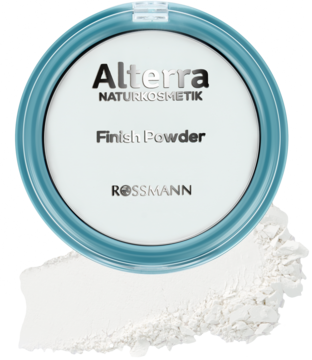 Alterra Finish Powder w turkusowym, okrągłym opakowaniu z białym logo, widok z góry, obok rozsypany matujący puder.