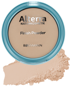 Alterra Finish Powder: beżowy puder w turkusowym, okrągłym kompakcie; obok rozsypany proszek luzem.