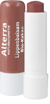 Alterra Naturkosmetik balsam do ust Bio-Kakao, brązowy sztyft wysunięty z białego opakowania, z przodu.