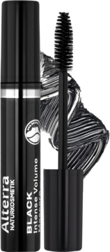 Alterra Black Intense Volume Mascara, czarna tubka z otwartą szczoteczką z tuszem, widoczna gęsta smuga.