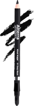 Alterra Khol Kajal 01 Deep Black kredka do oczu. Pionowo ustawiona, czarna, z widocznymi swatchami na tle.