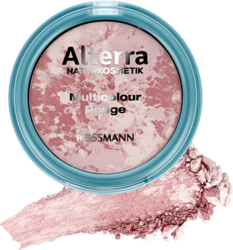 Alterra Multicolour Rouge nr 01, róż do policzków Rose Shimmer, okrągłe turkusowe opakowanie i proszek.
