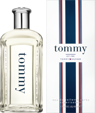 Tommy Hilfiger Tommy woda toaletowa: przezroczysta butelka i białe pudełko z granatowo-czerwonymi paskami.
