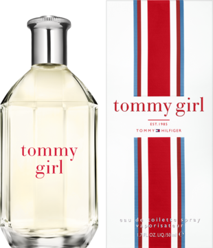Tommy Hilfiger Tommy Girl EDT: przezroczysta butelka i białe pudełko w czerwono-niebieskie pasy, widok z przodu.