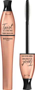 Bourjois Twist Extrême Fiber Mascara, różowo-złota butelka i wyjęta skręcana szczoteczka obok, ujęcie z przodu.