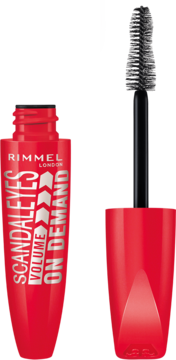 Czerwony tusz Rimmel Scandal'Eyes Volume On Demand, otwarta tubka i czarna szczoteczka obok.