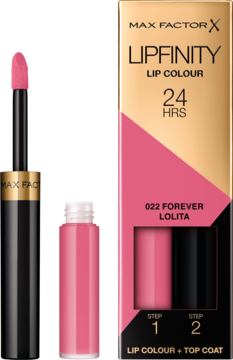 Max Factor Lipfinity Lip Colour 022 Forever Lolita. Różowa, dwuetapowa pomadka obok złoto-czarnego opakowania.