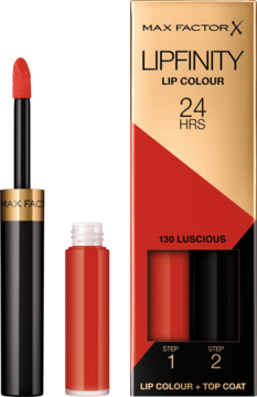 Max Factor Lipfinity Lip Colour 130 Luscious, długotrwała pomadka z aplikatorem i opakowaniem, widok z przodu.