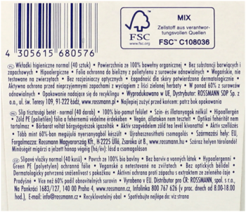 Tył białego opakowania wkładek higienicznych normal ze 100% bawełny organicznej, kod kreskowy i tekst opisowy.