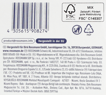Tył opakowania wkładek higienicznych, białe tło, z kodem kreskowym, logo FSC MIX i napisem "Hergestellt in der EU".