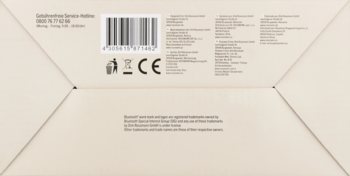 Spód beżowego pudełka radia Ideenwelt z Bluetooth i FM, widoczny kod kreskowy, oznaczenia CE i 87.5-108 MHz.