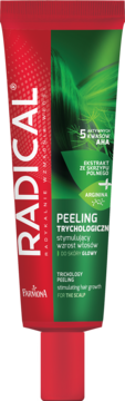 Radical Trychology Peeling w czerwono-zielonej tubie, stymulujący wzrost włosów i do skóry głowy, widok z przodu.
