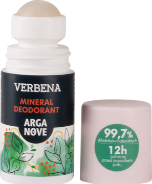 Biały mineralny dezodorant Verbena Arga Nove roll-on z grafiką liści, obok odkręcona nakrętka z detalami.