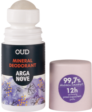 Biały naturalny dezodorant ałunowy OUD Mineral Arga Nove roll-on, otwarty, widoczne 99,7% składników.