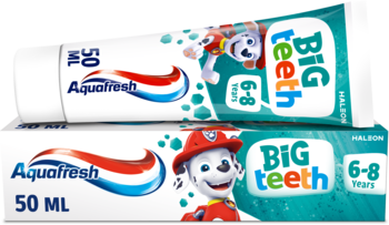 Aquafresh Big Teeth Paw Patrol pasta do zębów dla dzieci 6-8 lat, tuba 50ml na kartoniku, widok z przodu.