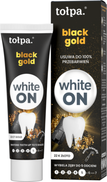 tołpa. black gold white ON wybielająca pasta do zębów, czarna tubka i pudełko ze złotem, widok z przodu.