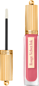 Bourjois Rouge Velvet Ink, różowa matowa pomadka w płynie, butelka z aplikatorem i złotą nakrętką.