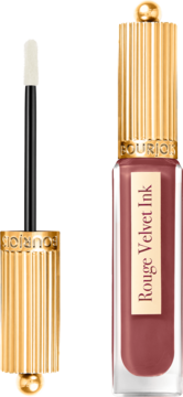 Matowa pomadka Bourjois Rouge Velvet Ink, butelka i złoty aplikator obok, kolor brudnego różu.