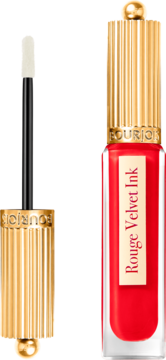 Bourjois Rouge Velvet Ink, czerwona matowa pomadka w płynie z precyzyjnym aplikatorem i butelką.
