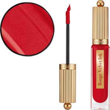 Bourjois Rouge Velvet Ink: intensywna czerwona matowa pomadka w płynie w złotej butelce z aplikatorem i wzornikiem.